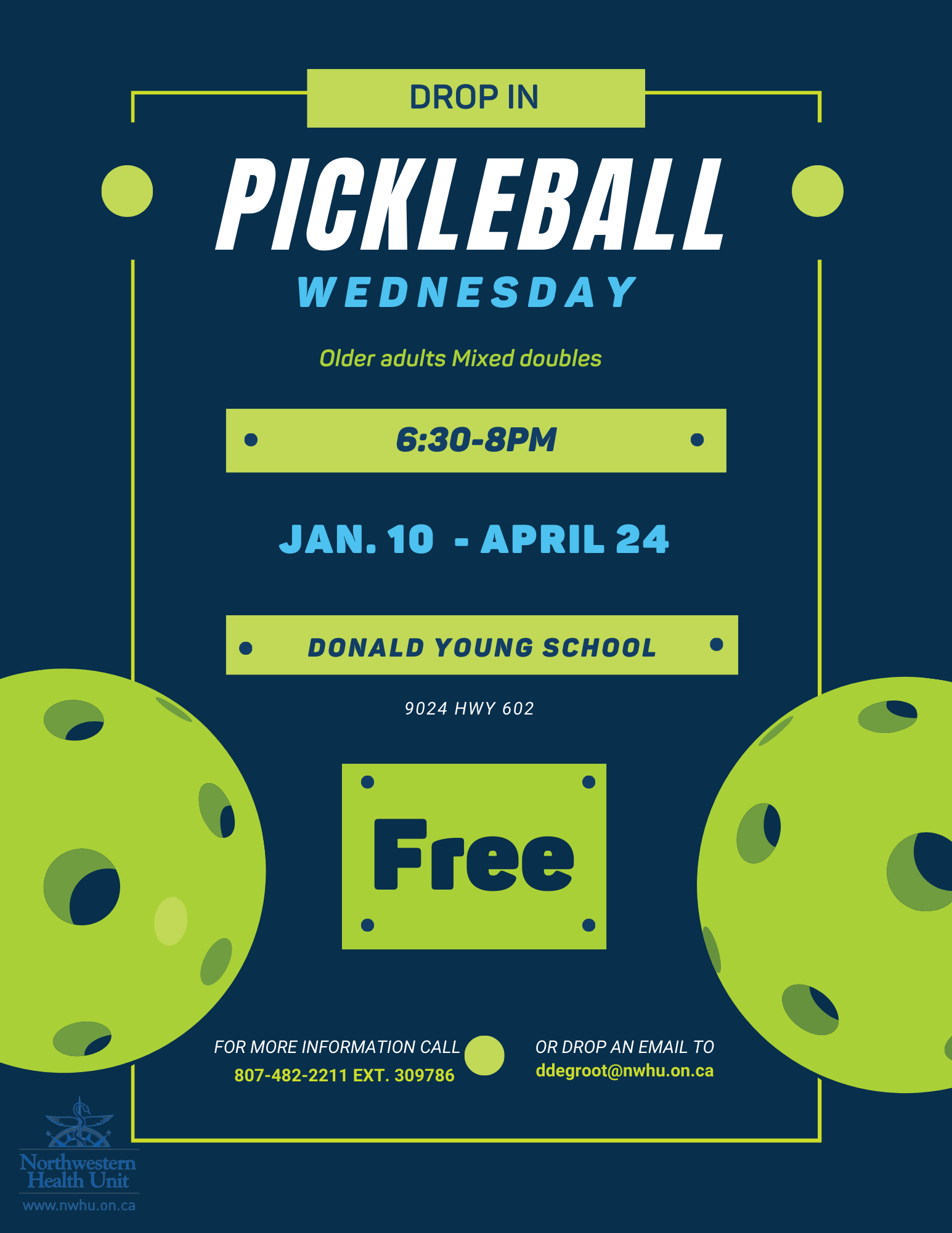 Come Out to the Adult Pickle Ball session. This takes place at Donald Young School every Wednesday from January 10 to April 24, 2024. This is a great form of exercise and fun!
